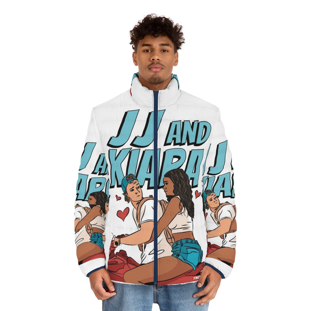 Outer Banks inspired puffer jacket with JJ and Kiara design - men front